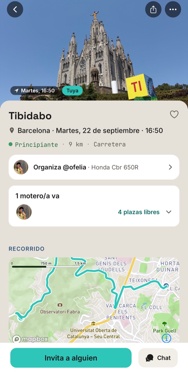 Detalle de una ruta: quién organiza, quién va y el recorrido sobre el mapa